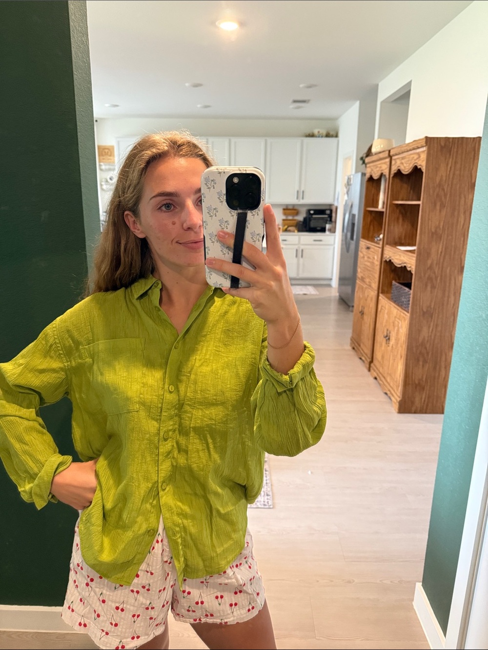 Olive & Oak Lime Green Crinkle Button-Down Shirt